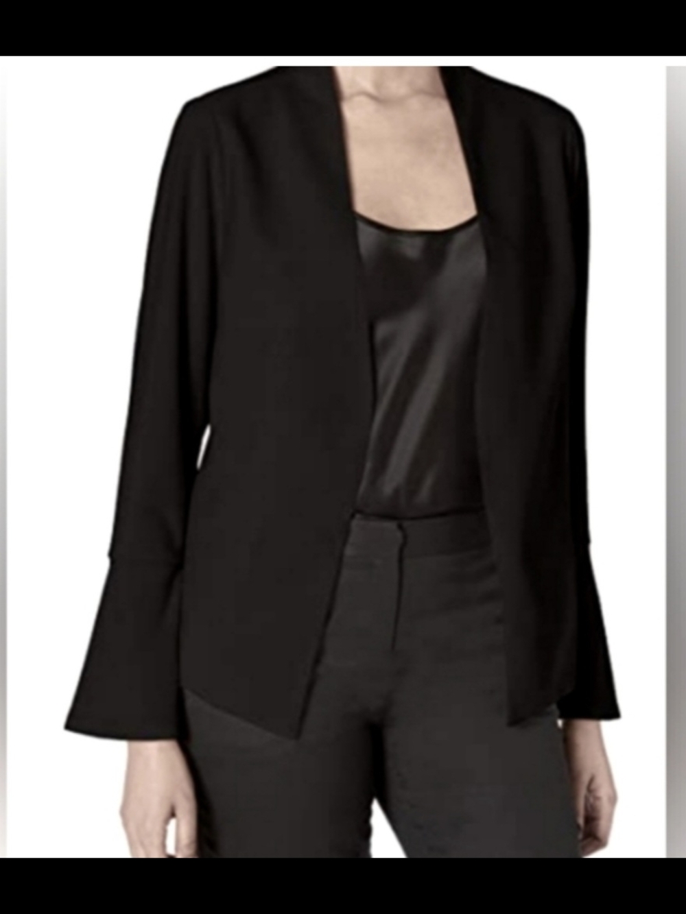 Adrianna Papell Black Bell Sleeve Open-Front Draped Blazer. Size L
